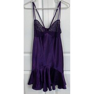 Vintage Satin Lace Babydoll Nightgown L Shiny Purple Lingerie Nightie Slip Sexy